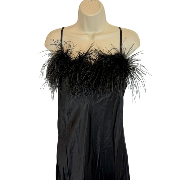 Sleeper Black Feather Trim Midi Slip Dress NWT - Size L - Picture 4 of 8